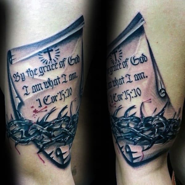 Crown Of Thorns With Scroll Mens Christian Arm Tattoos