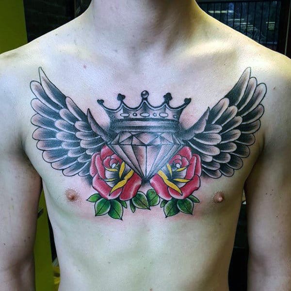 Crowned Diamond With Wings And Roses Mens Upper Chest Tattoos