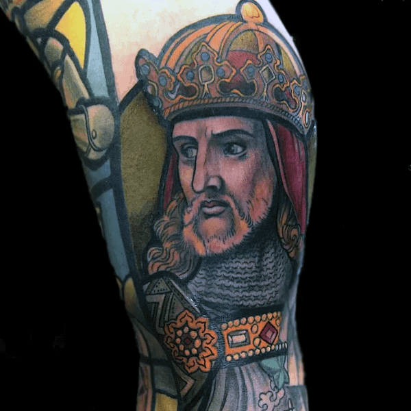 Crowned King Male Stained Glass Arm Tattoos