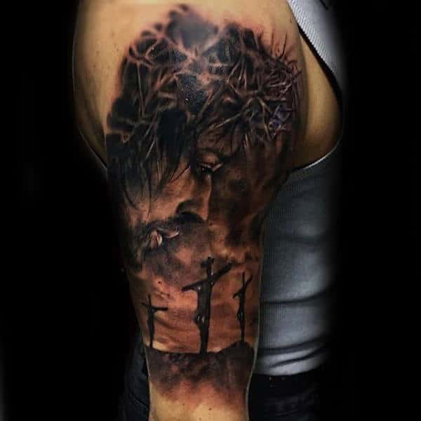 Crucifix Mens Jesus Half Sleeve Tattoo