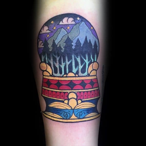 Crystal Ball Male Tattoo Designs With Nature Theme On Forearm