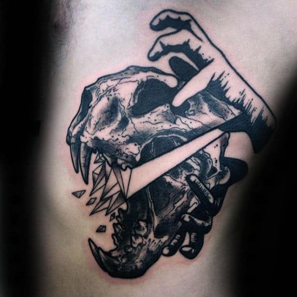 Crystal Lion Skull Rib Cage Side Tattoos For Guys