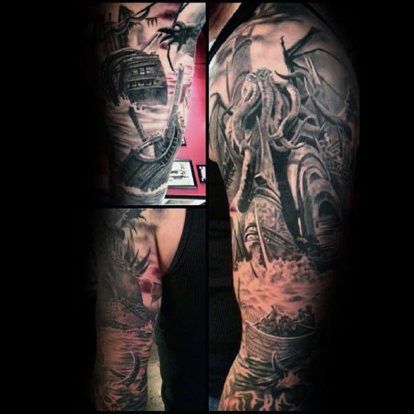 Cthulhu Attacking Sailing Ship Mens Amazing Realistic Full Sleeve Tattoos