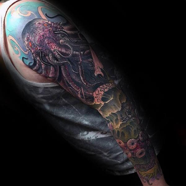 Cthulhu Themed Mens Full Sleeve Tattoo Design Inspiration