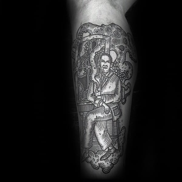 Cthulhu With Author Mens Lower Leg Tattoos