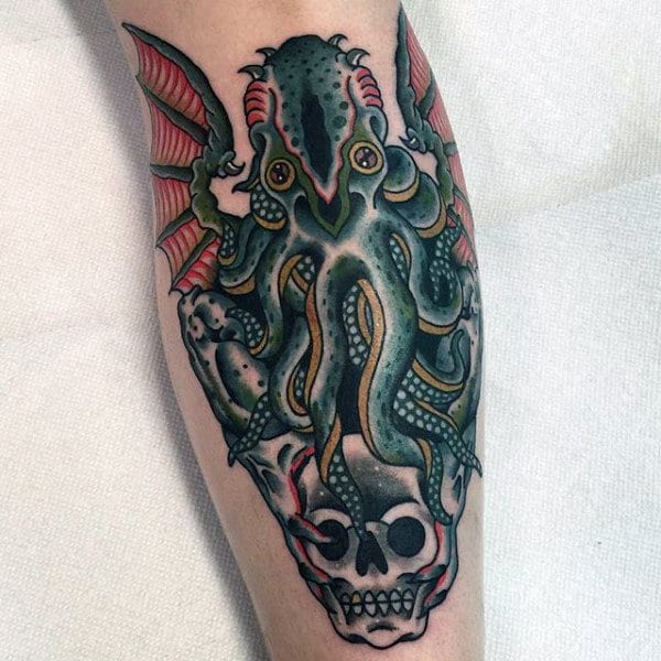 Cthulhu With Skull Mens Old School Leg Tattoo Ideas