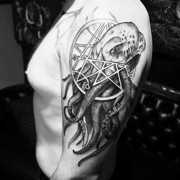 Cthulhu With Symbol Mens Upper Arm Tattoos