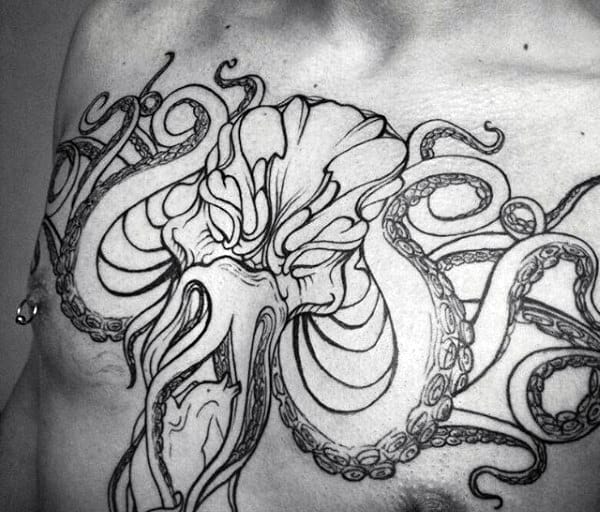 Cthulhu With Tentacles Mens Black Ink Outline Upper Chest Tattoos