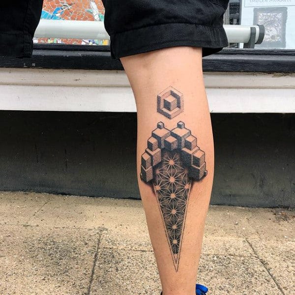Cube Mens 3d Flower Of Life Back Of Leg Calf Tattoo Ideas