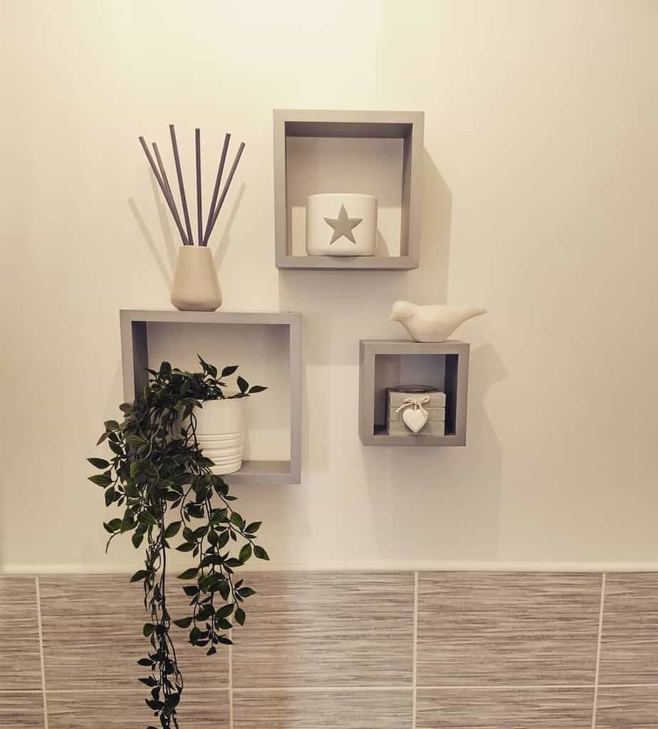 gray wood cube shelves bathroom