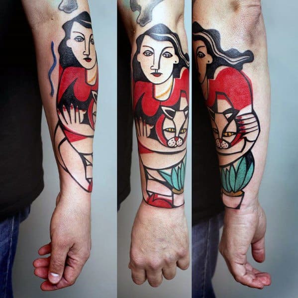 Colorful Cubist tattoo sleeve showing a woman holding a cat and a potted plant, with bold red, black, and green geometric shapes.