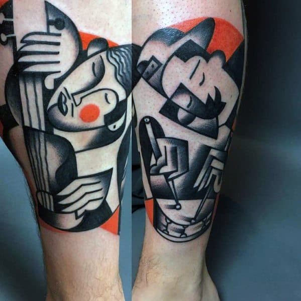 Cubist tattoo on calves featuring two abstract musicians in black, white, and red tones, playing guitar and saxophone with bold lines.