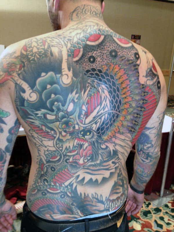 Curled Dragon Male Full Back Tattoos