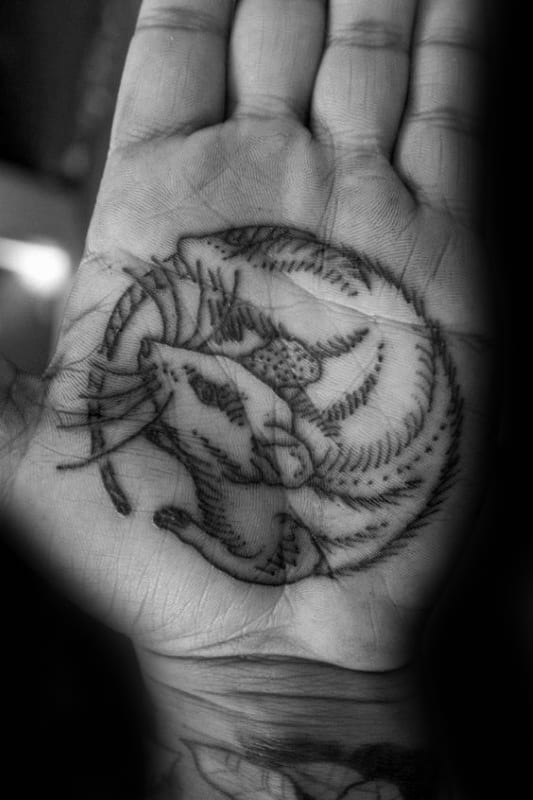 Curled Up Rat In Ball Mens Palm Tattoos