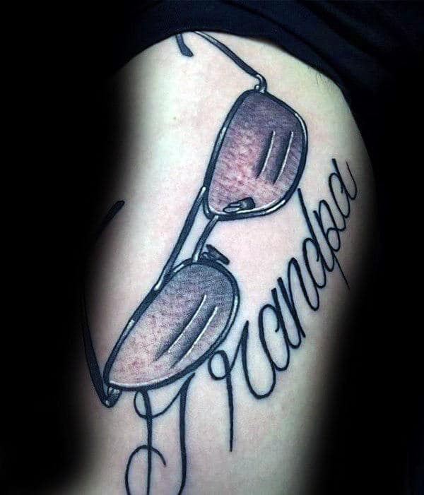 Cursive Grandpa Word With Sunglasses Male Memorial Tattoos