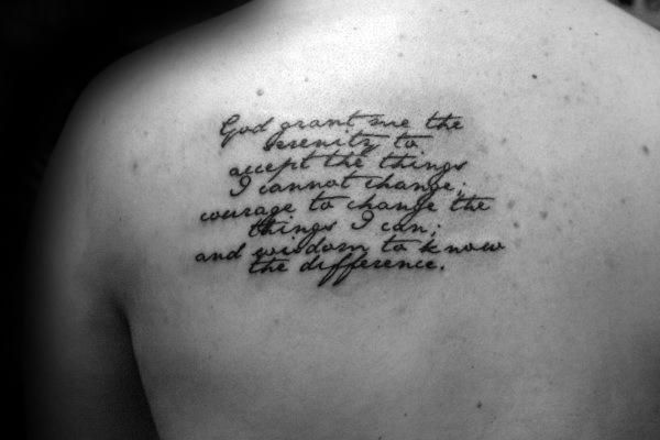 Cursive Handwritten Font Mens Serenity Prayer Upper Back Tattoo Design Ideas