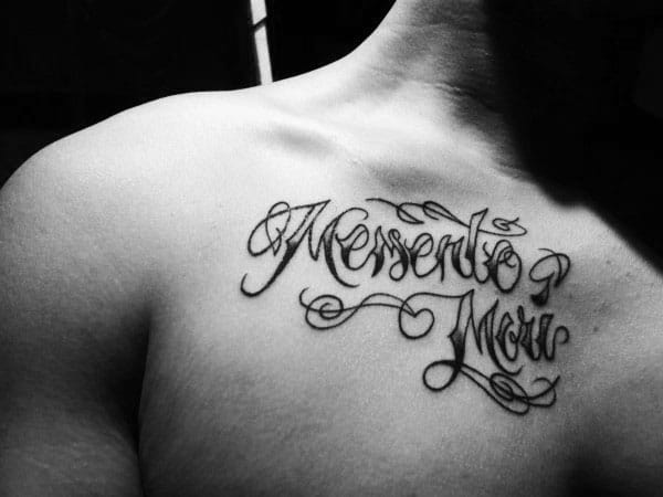Cursive Memento Mori Male Upper Chest Tattoo Design