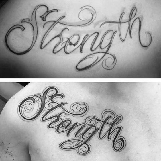 Cursive Strength Mens Decorative Upper Chest Tattoos