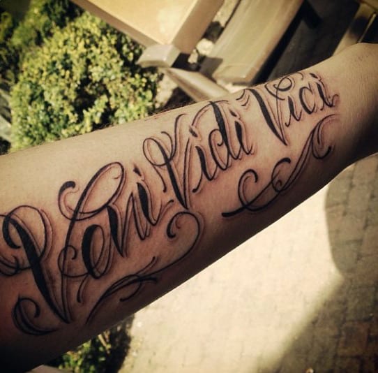 Cursive Veni Vidi Vici Mens Forearm Tattoo