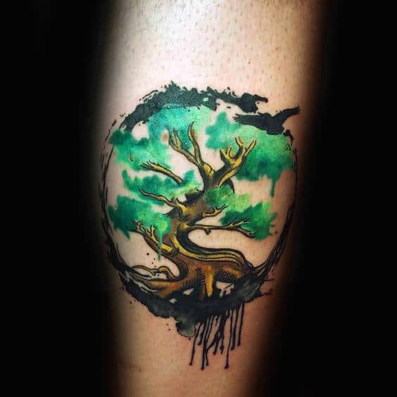 Curvy Green Watercolor Tree Tattoo Male Forearms