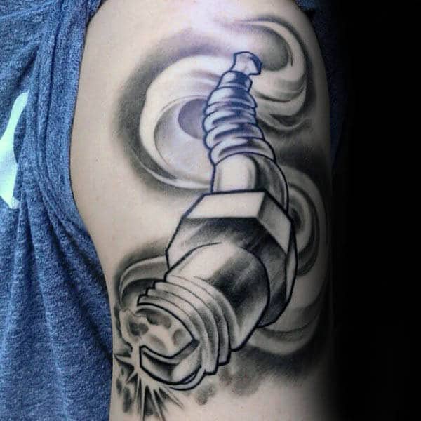 Curvy Spark Plug Mens Black And Grey In Kshaded Upper Arm Tattoo