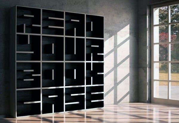 Bookshelf with shelves forming the words "READ YOUR BOOK CASE" in a sunlit room with a large window