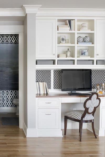 Home office with white cabinetry, built-in desk, patterned wallpaper, chair, and decor; adjacent room visible through doorway