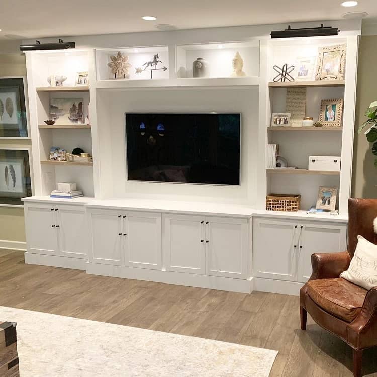 white tv cabinet shelf space brown accent chair