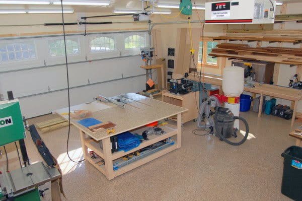 large garage workshop wood workbench tools