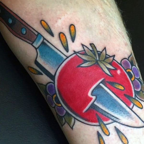 Cut A Tomato Food Tattoo Male Forearms