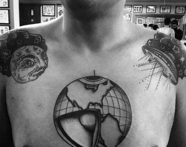 Cut Open Globe Mens Chest Tattoos