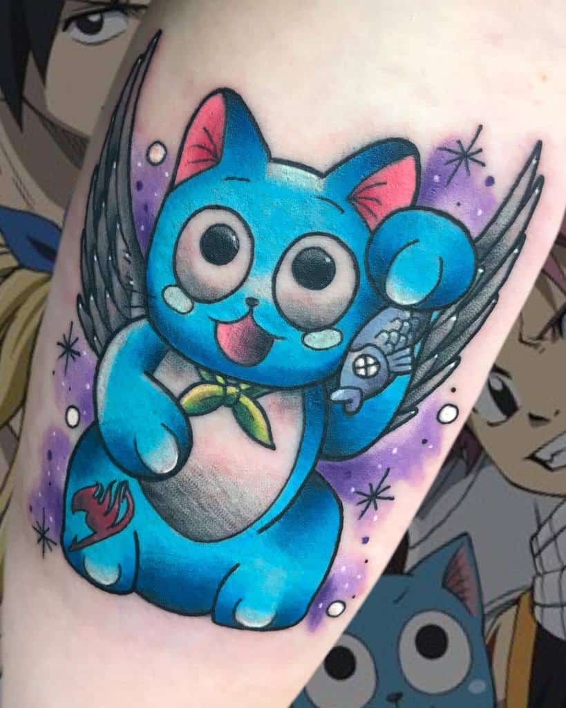 This tattoo features Happy from *Fairy Tail* in a lucky cat pose, holding a fish, with wings and a vibrant purple cosmic background.