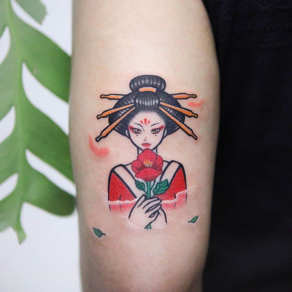 Minimalist Geisha tattoo with a bold red kimono, holding a flower, featuring delicate linework, soft shading, and a mystical aura.