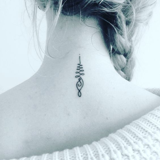 Small Unalome tattoo on the nape, symbolizing the journey to enlightenment, personal growth, and spiritual balance.