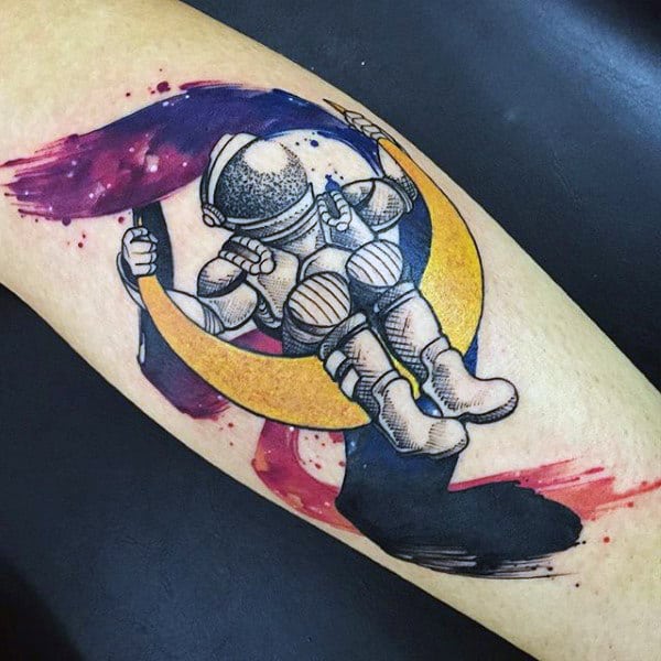 Cute Astro On Moon Watercolor Tattoo On Forearm For Men