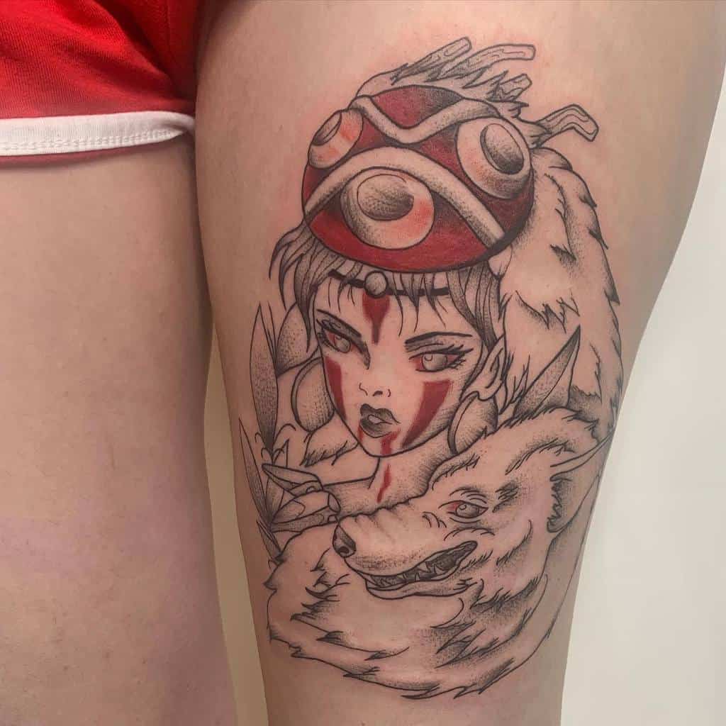 Black and white tattoo of a girl with a wolf mask, tribal face markings, and a wolf companion. The design shows the girl gazing ahead with a serious expression, while the wolf is portrayed beneath her, symbolizing strength and unity.