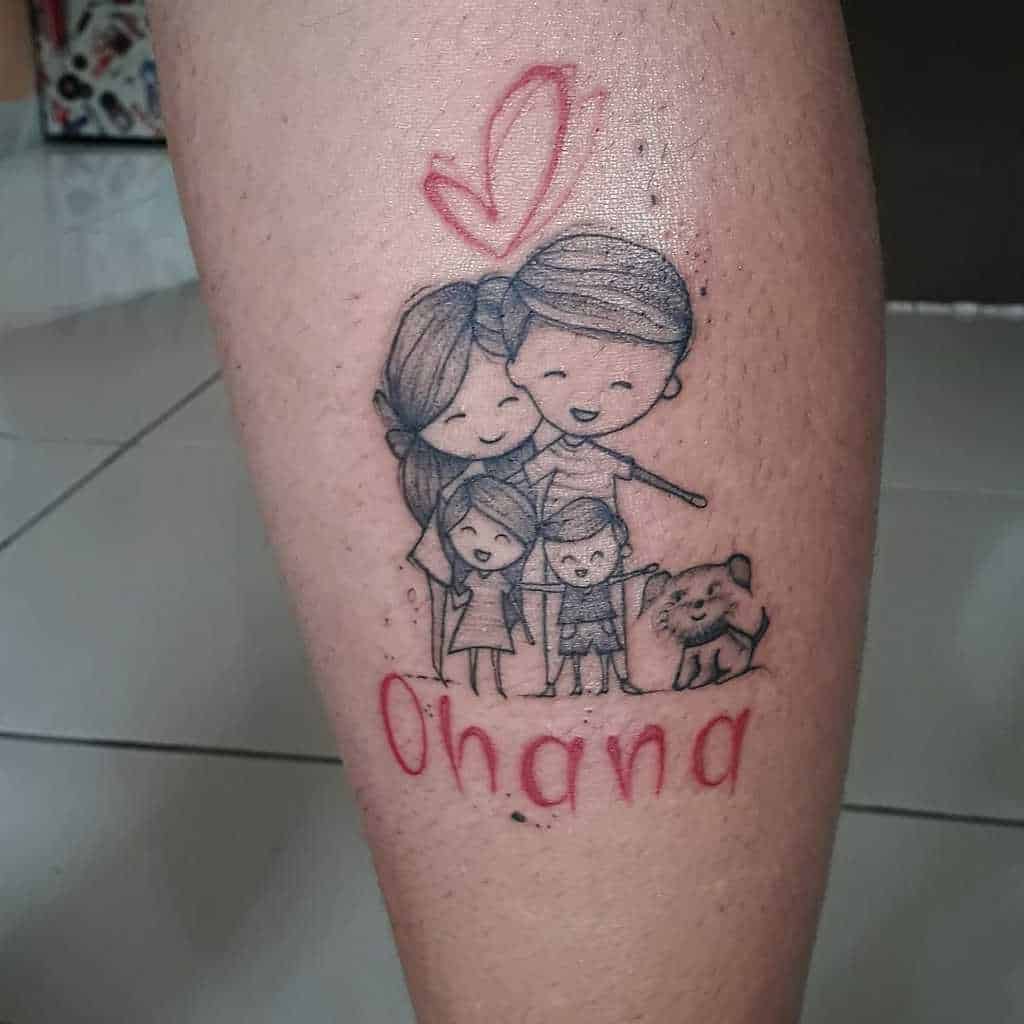 Adorable 'Ohana' tattoo featuring a happy family with a pet and a heart, symbolizing love, unity, and togetherness.