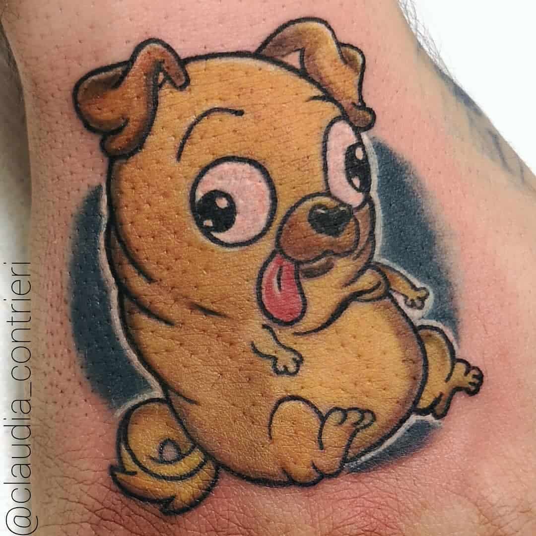 Tattoo of a cartoon pug with big eyes and tongue out, with black circle background