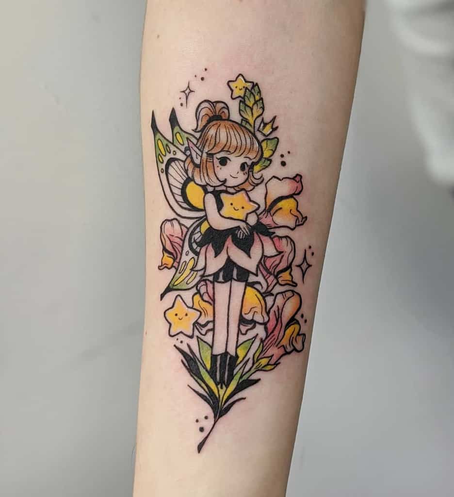 Cute Sweet Fairy Line Work Tattoo