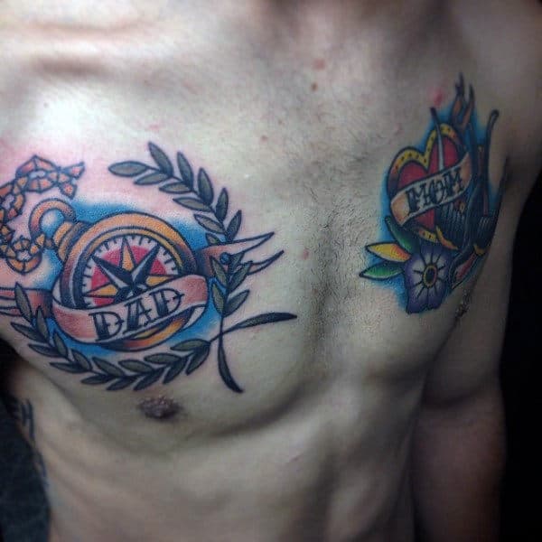 Dad And Mom Traditional Compass Mens Upper Chest Tattoo