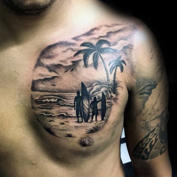 Dad Son Ready To Surf Tattoo Male Chest