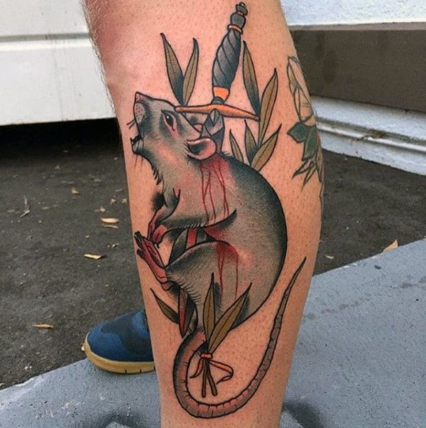 Dagger And Rat Mens Leg Tattoo