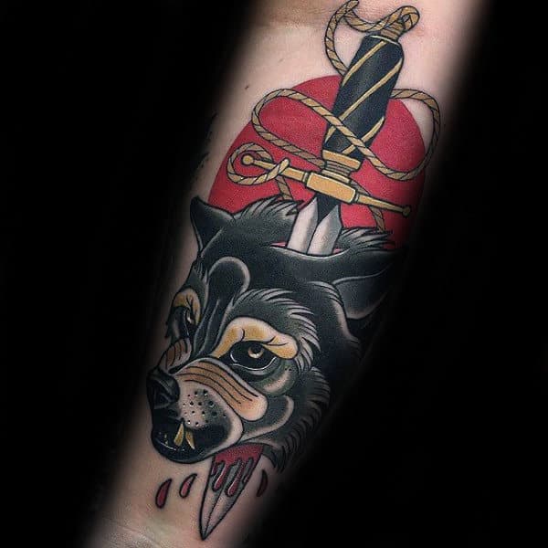 Dagger And Wolf Mens Old School Forearm Tattoos