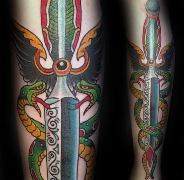 Dagger Caduceus Mens Old School Leg Tattoos