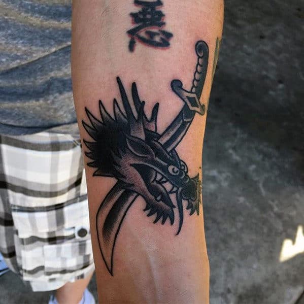 Dagger Dragon Head Small Mens Shaded Inner Forearm Tattoo