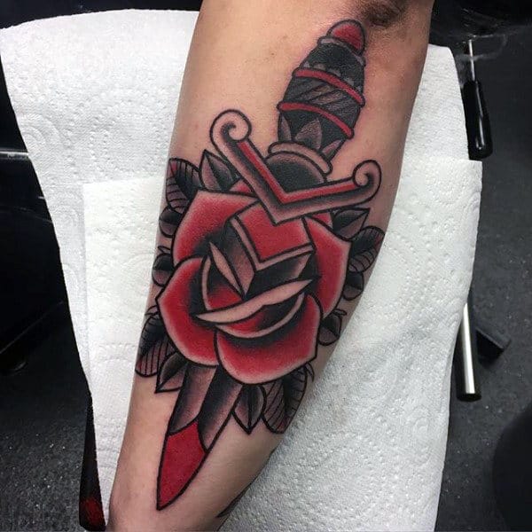 Dagger Into Red Rose Tattoo Male Forearms