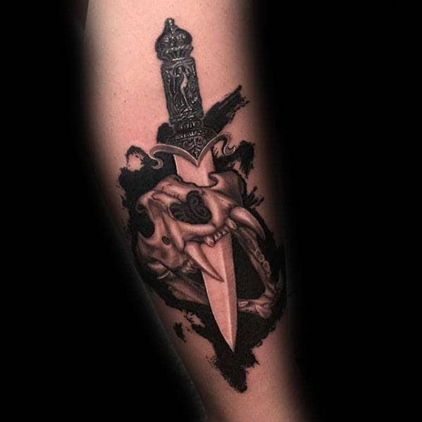Dagger Lion Skull Arm Tattoos For Men