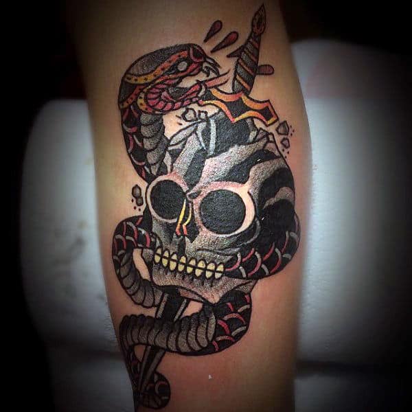 Dagger Snake And Skull Mens Traditional Old School Arm Tattoo