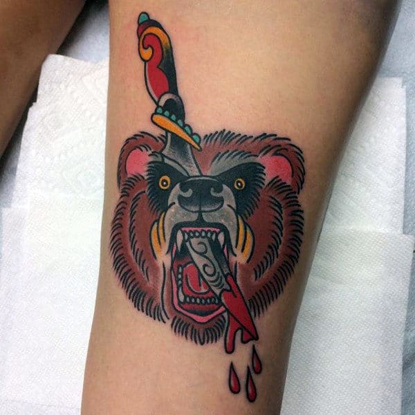 Dagger Through Bear Head Mens Traditional Leg Tattoos