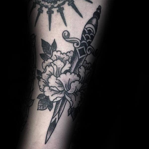 Dagger Through Peony Mens Arm Tattoos